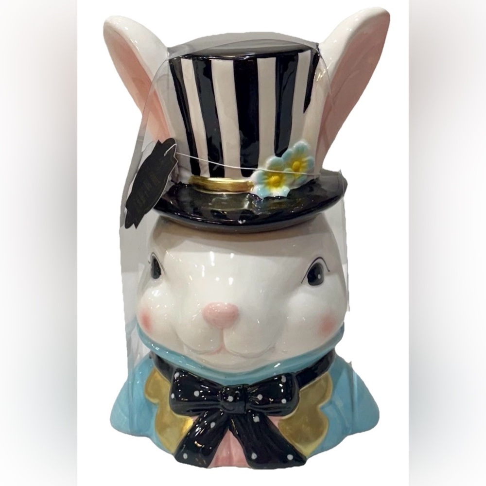 10 STRAWBERRY STEET EASTER BUNNY RABBIT CANISTER/COOKIE JAR W/STRIPED HAT NEW